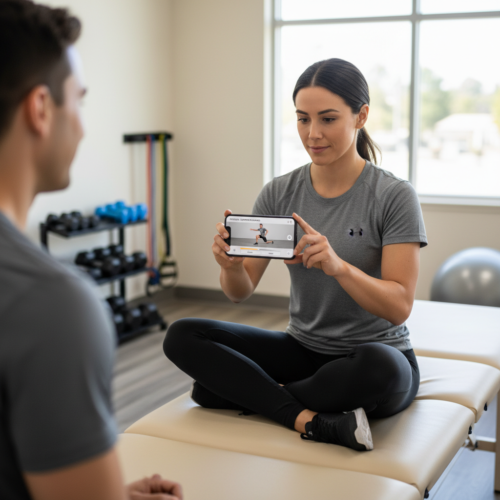  Boston athlete using mobile app to access customized physical therapy exercises and workouts remotely